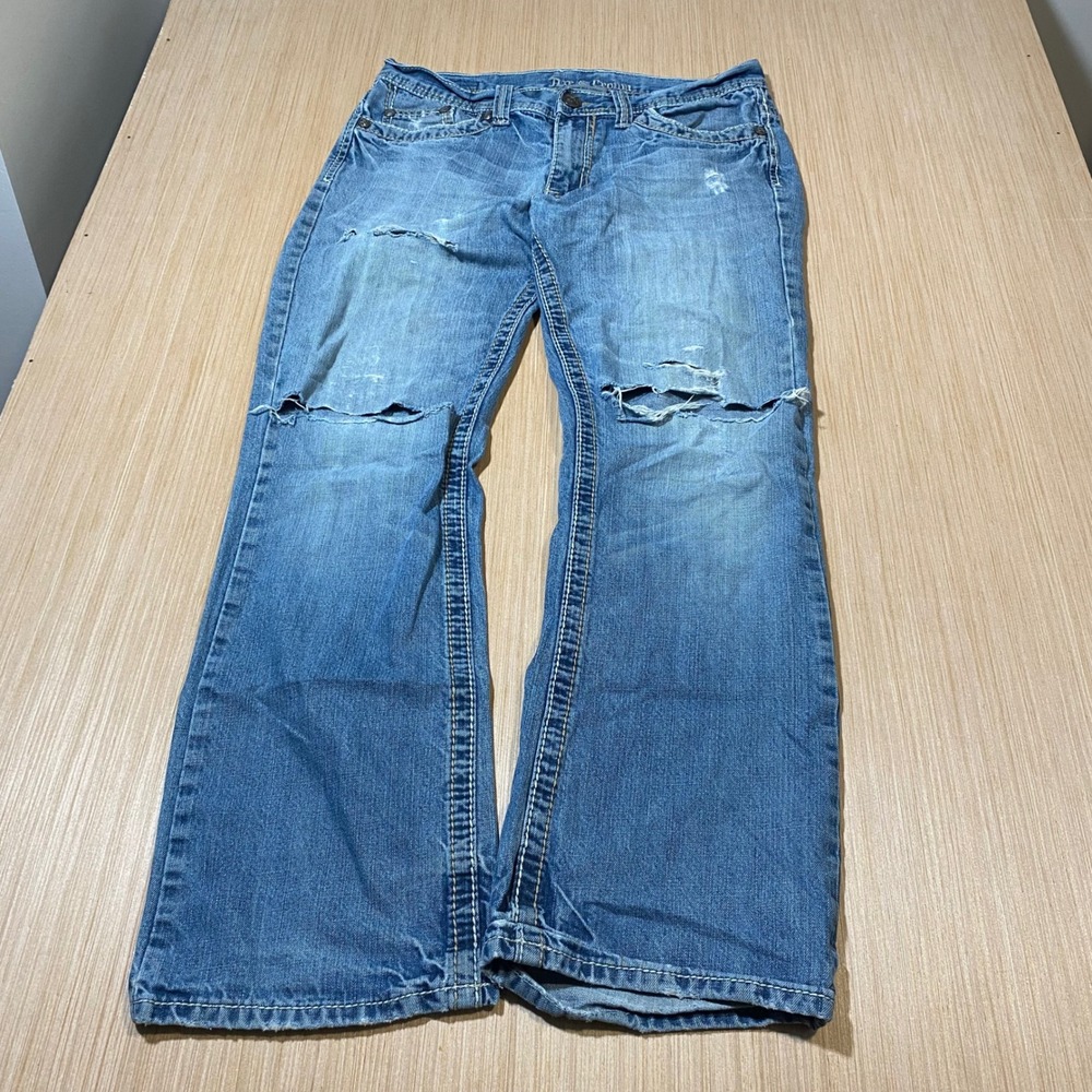 Axe & Crown Mens Distressed Boot Fit Jeans Light Wash Thick Stitch 30x30